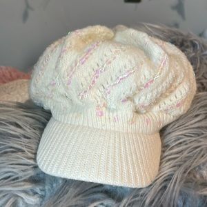 Justice Off White Winter Cap Cabbie Newsboy Hat Stretchy Knit Girls Womens